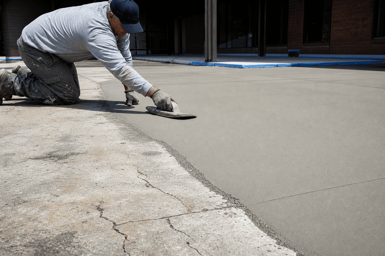 Worker troweling new concrete over a cracked outdoor slab