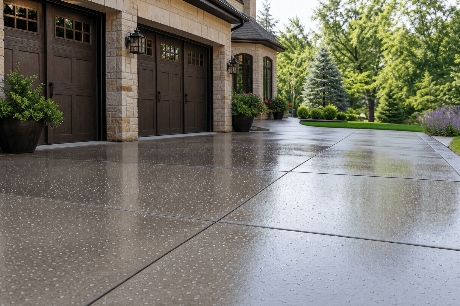 Sealed polished concrete driveway with exposed aggregate at a home