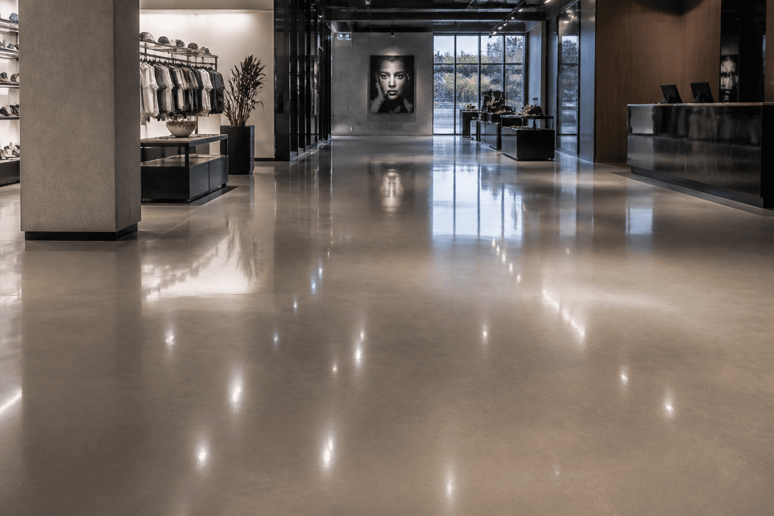High-gloss polished concrete floor in a retail showroom